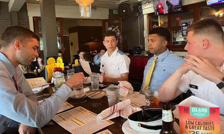 Cadets from The Citadel and Fork Union share a dinner while cadets learn more about the historic school.