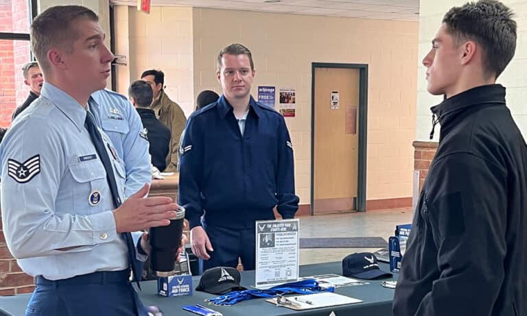 US Air Force representatives meet with cadets during a military recruiters event on the Fork Union campus.