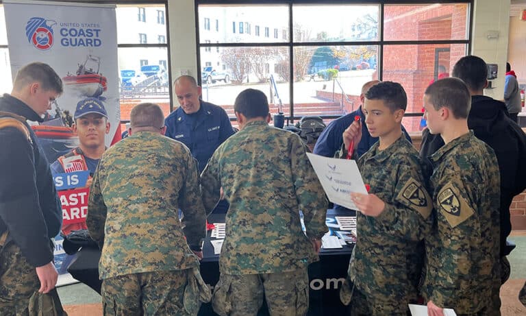 Cadets gather to learn more about the US Coast Guard as representatives make a visit to the Fork Union campus.