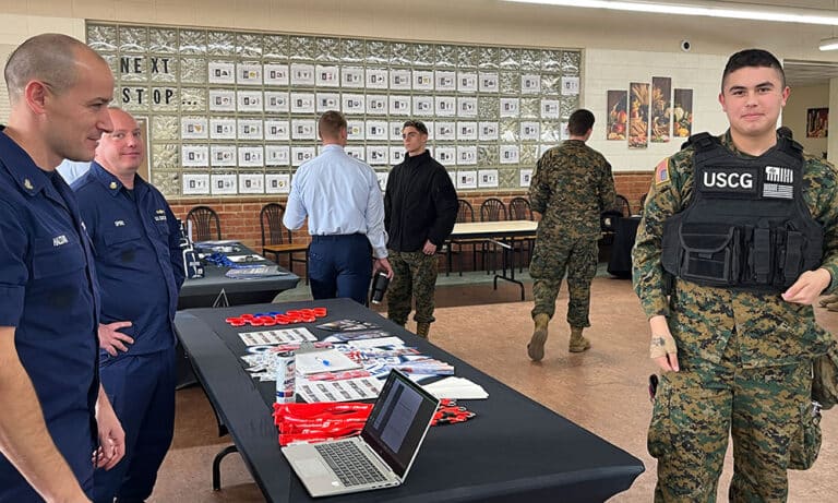 Cadets learn more about service in the US Coast Guard during a military recruiters event on the Fork Union campus.