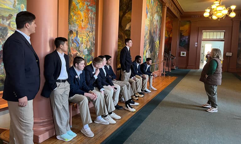 Cadets tour the University of Virginia during a college visit day.