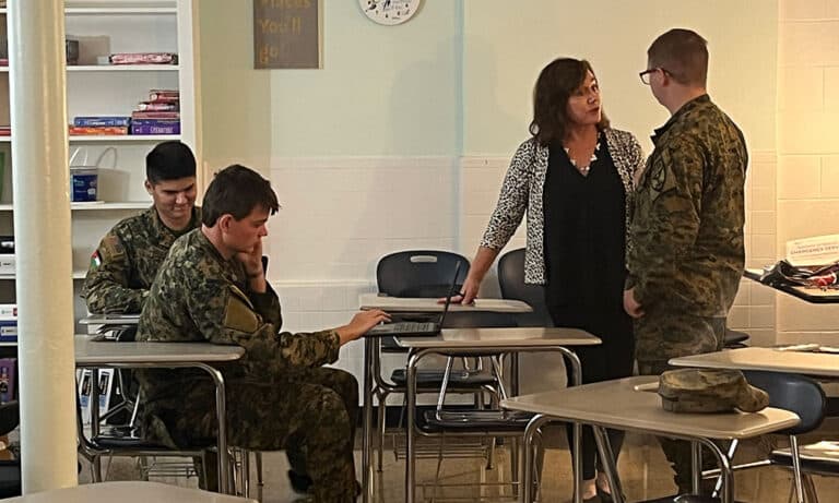 Cadets meet with a University of Virginia ROTC representative on the Fork Union campus.