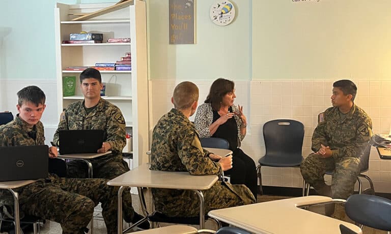 Cadets meet with a University of Virginia ROTC representative on the Fork Union campus.